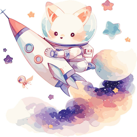 cute cat astronaut, space theme, celestial, stars, purple, lavender, coral pink, peachy, cream, white, pastel colors, whimsical, kawaii, fantasy, rocket ship, clouds, dreamy, soft colors, children's, nursery, baby, playful, adventure, cosmic, illustrated, charming, girl's fabric, magical