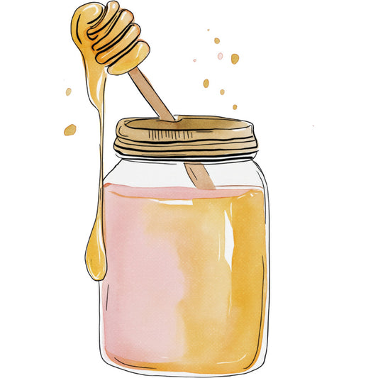 honey jar, beekeeping, sweet, golden yellow, cream, pale pink, blush pink, food illustration, kitchen, farmhouse, whimsical, vintage, rustic, honey dipper, dripping honey, botanical, nature inspired, home decor, cottage core, country, warm tones, illustrative, culinary, food themed, spring, summer, warm and cozy, traditional, charming, bees and honey