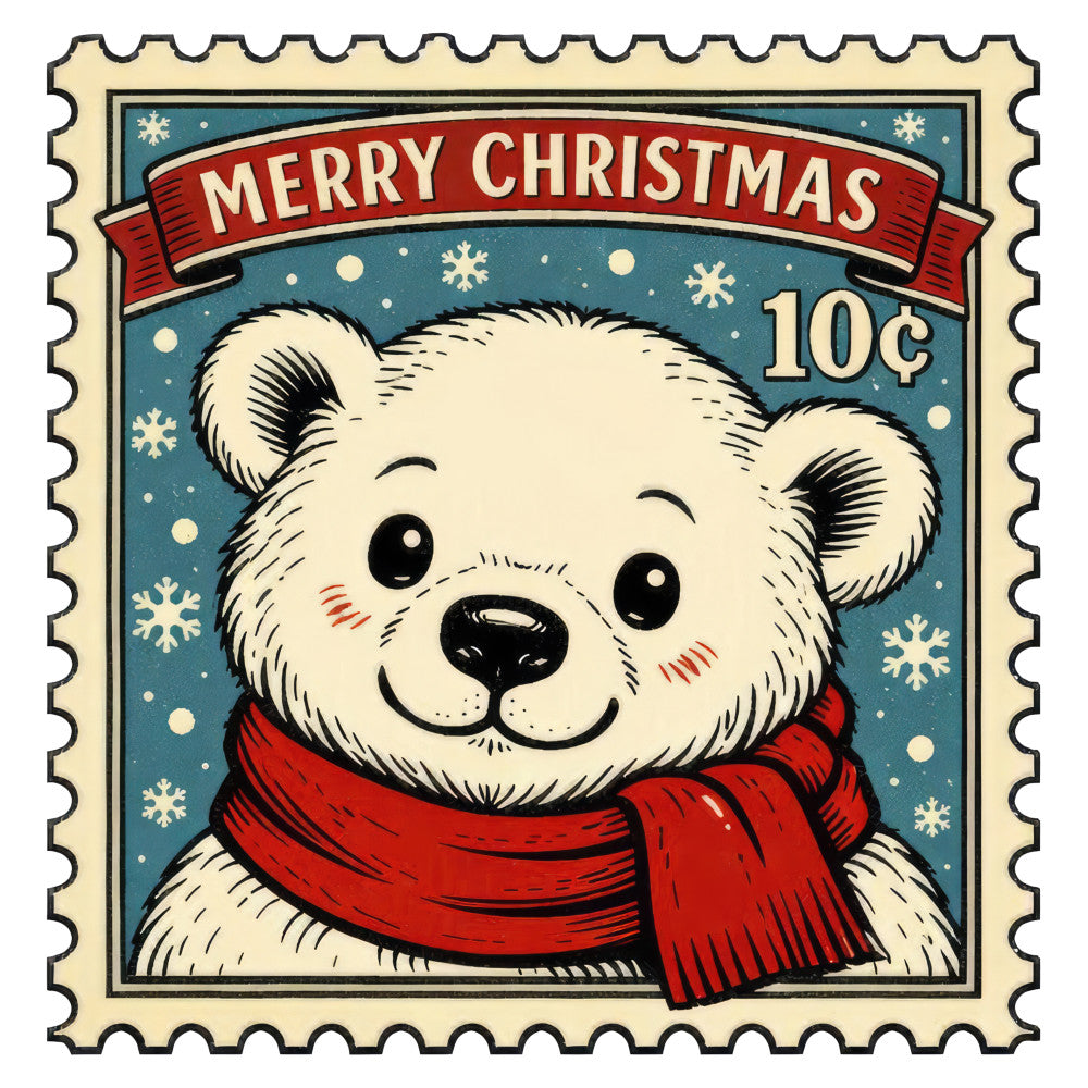 christmas, polar bear, winter, holiday, cute animals, festive, red scarf, cream white, teal blue, snowflakes, vintage style, whimsical, retro, stamp design, postage stamp aesthetic, children's, nursery, baby, animal faces, snow, winter wonderland, traditional, cheerful, warm, cozy, decorative panel, wall hanging, baby quilt, holiday themed, merry christmas