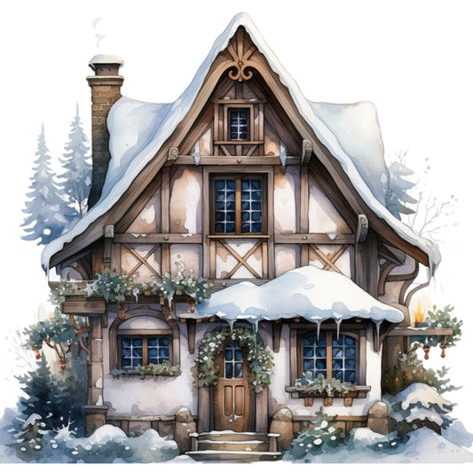 Watercolor Winter Houses Fabric Panel 23