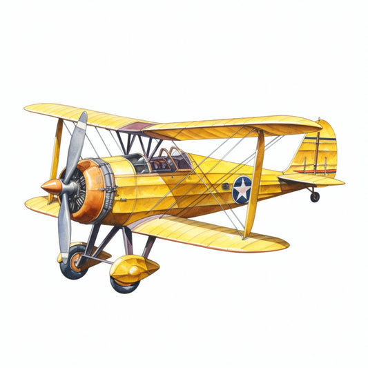 vintage biplane, yellow, gold, orange, bronze, aviation, airplane, retro, antique aircraft, transportation, vintage aviation, steampunk, classic plane, biplane fabric, sky blue, white star, propeller, nostalgic, 1920s, 1930s, retro travel, adventure theme, boy nursery, vintage boys, traditional style, collectible aircraft, historical transportation