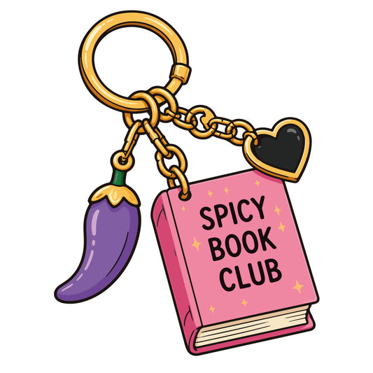 spicy book club, pink, purple, black, gold, eggplant, literary, books, reading, humor, whimsical, playful, book lover, eggplant charm, heart motif, novelty, conversation starter, adult humor, library theme, bookish, fun, quirky, trendy, modern, contemporary, decorative accessory, keychain inspired, book themed, sassy, witty