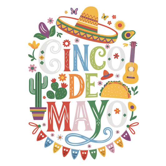 cinco de mayo, mexican celebration, sombrero, colorful lettering, cactus, guitar, taco, avocado, papel picado, butterflies, flowers, festive design, bright colors, yellow, red, green, blue, orange, fabric panel, holiday theme, fiesta elements