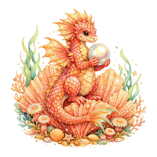 coral pink, peachy orange, golden yellow, seafoam green, cream, watercolor dragon, fantasy creature, whimsical, magical, underwater, seashells, coral, seaweed, pearls, ocean, nautical, celestial, dreamy, enchanted, children's, baby, storybook, illustration, detailed, delicate, spring, summer, animal lover, nature, seaside