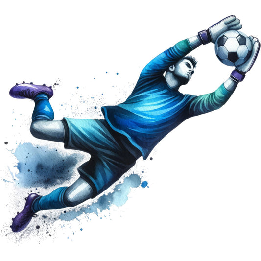 soccer, goalkeeper, sports, athletic, action, dynamic, blue, navy blue, teal, purple, watercolor, splatter, paint splash, illustration, modern, energetic, masculine, youth, team sports, ball, diving catch, goalkeeper uniform, sports themed, contemporary art style, abstract splash, vibrant, motion, strength, skill