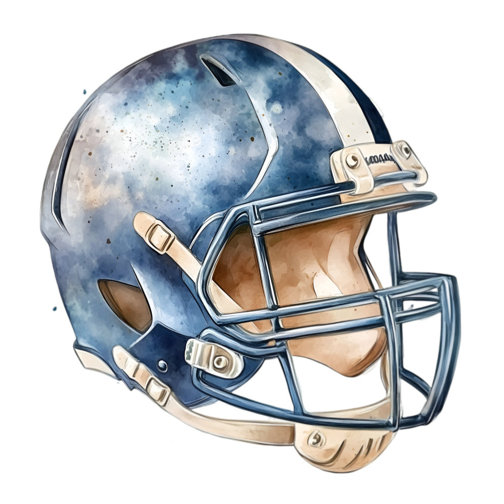 football helmet, sports, football, navy blue, light blue, cream, tan, beige, metallic silver, watercolor, textured, athletic, masculine, modern, sports theme, football fan, team spirit, football uniform, helmet design, sports equipment, game day, football season, fall sports, realistic, detailed illustration, sports apparel, fan gear, competitive sports, action sports