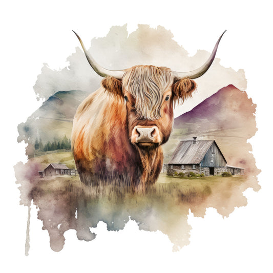 Watercolor Highland Cows Fabric Panel 9 featuring a detailed watercolor painting of a Highland cow with rustic farmhouses and mountains in the background.