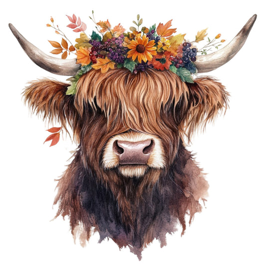 highland cattle, rustic farmhouse, autumn flowers, fall florals, brown, tan, cream, orange, purple, burgundy, gold, floral crown, long horns, whimsical animals, boho, bohemian, farm animals, country style, thanksgiving, harvest, botanical, watercolor, artistic, nature themed, cow portrait, decorative horns, seasonal, wall hanging, folk art, cottage style