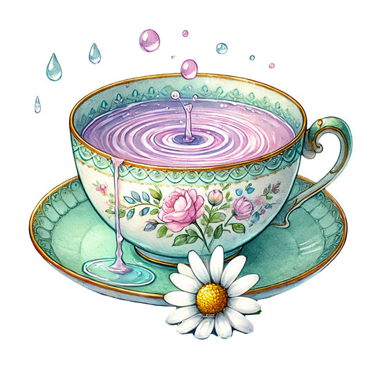 teacup, whimsical, floral, roses, pink roses, turquoise, mint green, lavender purple, gold trim, vintage, elegant, botanical, daisies, water ripples, tea time, spring, nature, ornate, decorative, illustrated, fantasy, magical, fantasy illustration, nature inspired, pastel colors, cream, blush pink, garden theme, storybook, enchanted