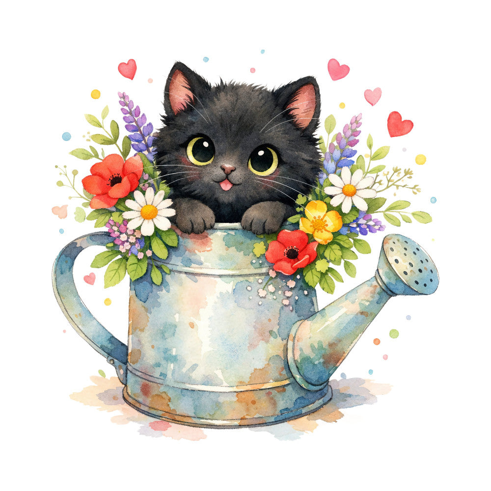 black cat, flowers, floral, watering can, hearts, whimsical, cute, garden, nature, spring, summer, colorful, watercolor, painted effect, red poppies, white daisies, purple flowers, yellow flowers, green leaves, botanical, animal, cat lover, playful, cheerful, pastel colors, soft colors, cottage core, nursery, children's, panel design