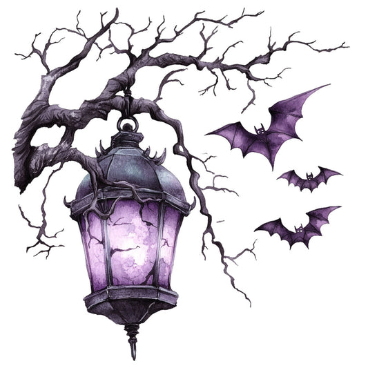 purple, black, dark purple, gothic, halloween, spooky, haunted, lantern, bats, dead tree, bare branches, eerie, mysterious, dark academia, witchy, celestial, night sky, horror, vintage, elegant, moody, atmospheric, autumn, fall, supernatural, creepy, macabre, decorative, wall hanging