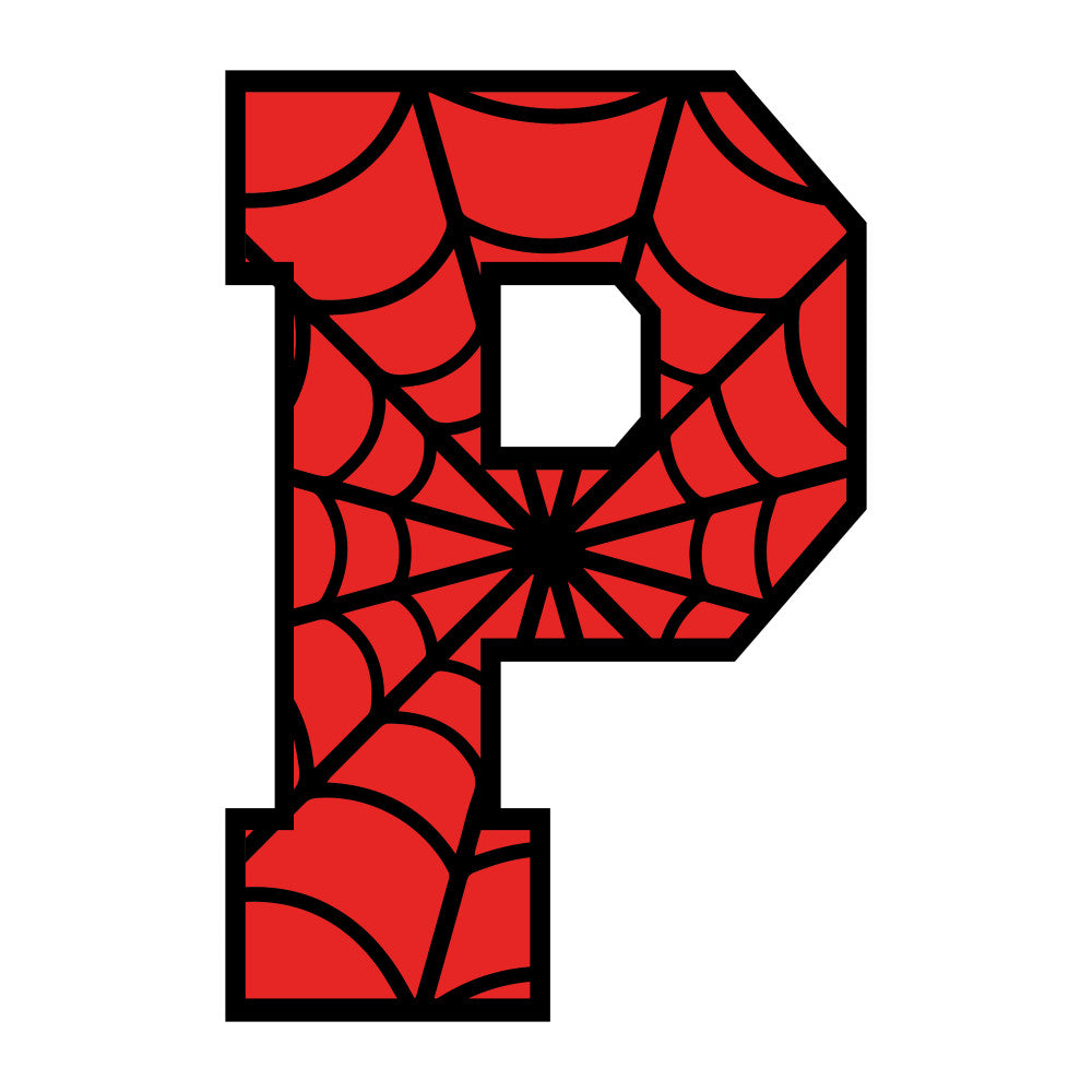 red, black, spider web, alphabet letter, superhero theme, comic book style, geometric pattern, radial design, fabric panel, quilting cotton, children's fabric, novelty print, bright colors, web pattern, letter p, spider motif, craft fabric, sewing material, cartoon style