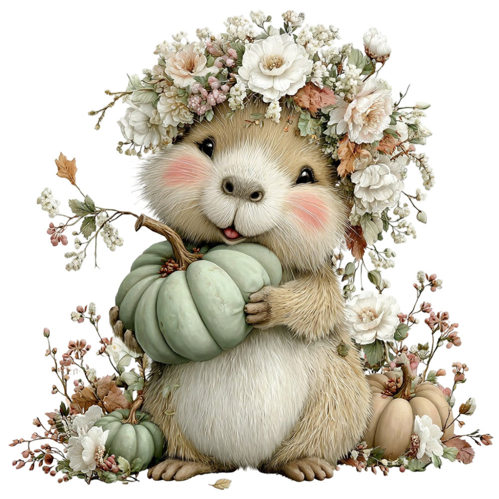 cute animal, hedgehog, woodland creature, floral, flowers, pumpkin, autumn, fall, harvest, cream, ivory, pale green, sage green, dusty rose, blush pink, terracotta, cottage core, whimsical, vintage botanical, nature inspired, garden theme, baby, children's, nursery, wall hanging, decorative panel, seasonal, rustic charm, storybook illustration, delicate florals