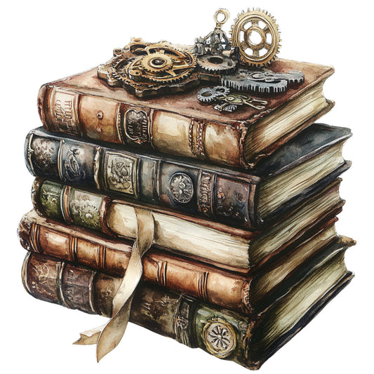 steampunk, vintage books, gears, cogs, brass, copper, bronze, brown, tan, cream, aged paper, industrial, antique, literary, education, knowledge, mechanical, clock, compass, worn leather, nostalgic, victorian, classic literature, academic, intellectual, eclectic, mixed media, collage style, rustic elegant