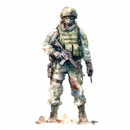 military soldier, camouflage, desert tan, sage green, khaki, olive green, cream, brown, camouflage pattern, armed forces, action figure, tactical gear, army, patriotic, military portrait, realistic illustration, watercolor style, modern illustration, masculine theme, veteran, service member, combat uniform, body armor, rifle, helmet, boots, desert warfare, contemporary art, soldier illustration