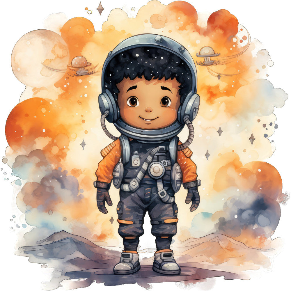 astronaut, space exploration, cute character, children's theme, orange, cream, navy blue, dark gray, watercolor, whimsical, playful, adventure, cosmic, futuristic, boy character, smiling face, spaceship, planets, stars, clouds, soft pastels, dreamy, imaginative, kids fabric, nursery decor, storybook style, illustrated, gentle, wonder, exploration theme