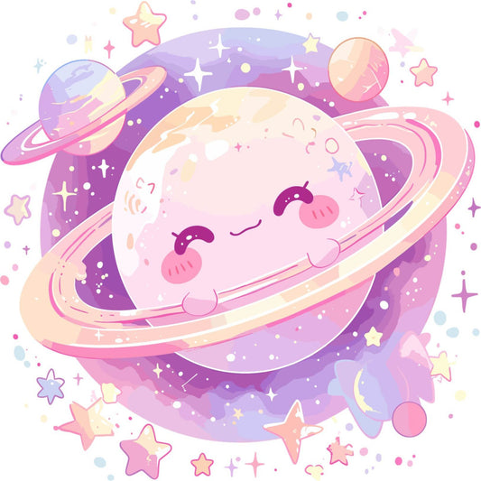 pastel purple, dusty pink, soft cream, pale yellow, lavender, mauve, cute planet, smiling face, kawaii, celestial, stars, moons, space theme, whimsical, dreamy, soft and sweet, childrens, baby, nursery, bedding, wall hanging, apparel, playful, magical, galaxy, rings, cute eyes, blushing cheeks, adorable, starry night