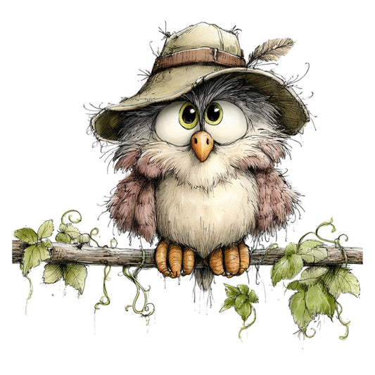 whimsical owl, rustic farmhouse, cream, tan, brown, forest green, golden yellow, straw hat, hop vines, nature, animals, birds, vintage, botanical, country, folk art, garden, autumn, spring, children's, playful, charming, woodland, cottage core, natural fibers, decorative panel, wall art