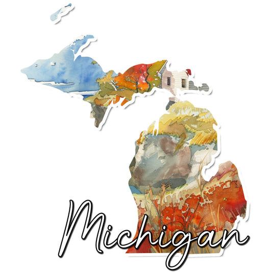 michigan state map, watercolor, blue water, autumn colors, fall foliage, red leaves, golden yellow, orange, rustic farmhouse, cottage, vintage, nature landscape, great lakes, regional, state pride, home decor, wall art, travel theme, scenic, burnt orange, olive green, cream, earth tones, whimsical, illustrated, artistic, seasonal, autumn harvest