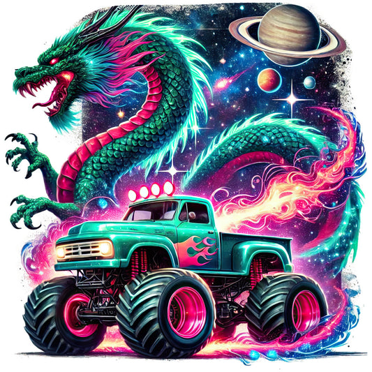 neon green, hot pink, magenta, cyan blue, turquoise, purple, cosmic blue, metallic gold, dragon, monster truck, space theme, celestial, planets, stars, galaxy, neon glow, retro futuristic, whimsical, bold graphics, vibrant, high energy, fantasy, sci-fi, modern, dynamic movement, glowing effects, supernatural, mystical, adventure theme