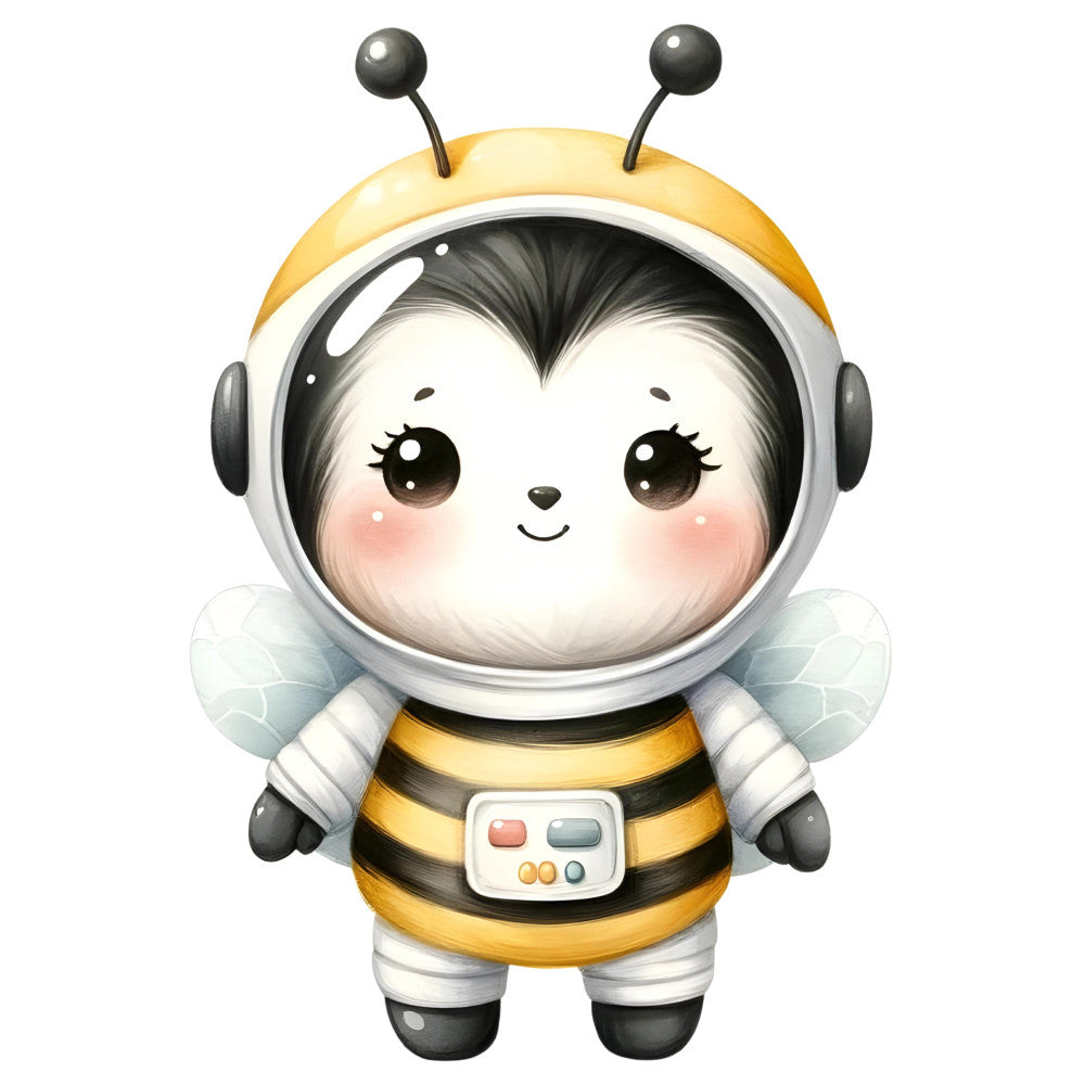 cute bee, honey bee, astronaut bee, space theme, yellow and black, white, gray, gold, whimsical, adorable, children's, baby, animal, insects, space suit, helmet, antennae, wings, cartoon style, playful, modern, nursery, gender neutral, celestial, futuristic, tech, buttons, smile, sweet, kawaii