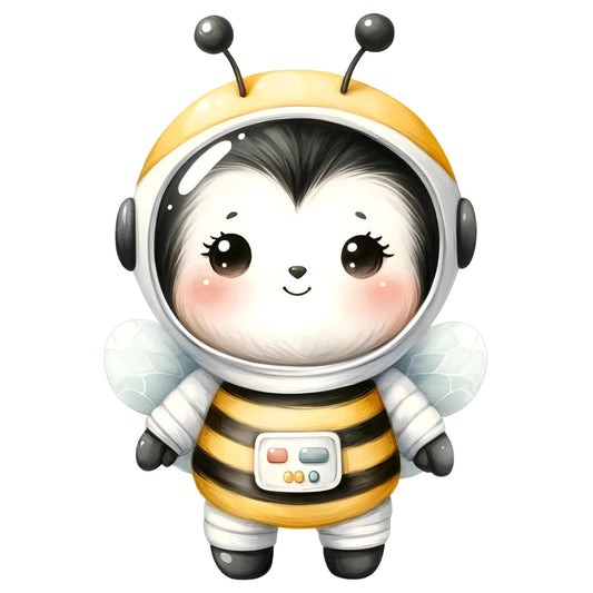 cute bee, honey bee, astronaut bee, space theme, yellow and black, white, gray, gold, whimsical, adorable, children's, baby, animal, insects, space suit, helmet, antennae, wings, cartoon style, playful, modern, nursery, gender neutral, celestial, futuristic, tech, buttons, smile, sweet, kawaii