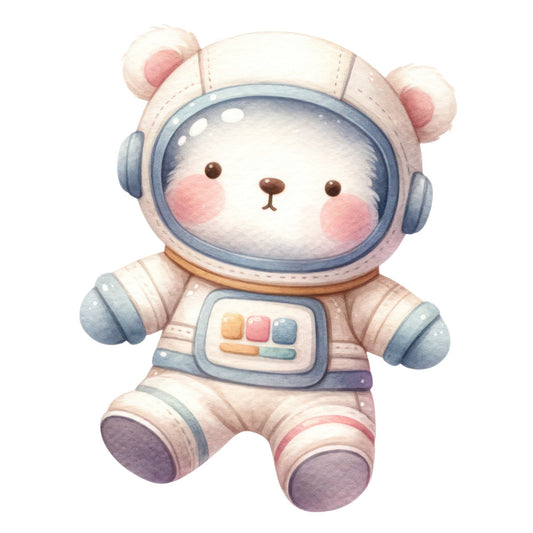 astronaut bear, space themed, cute animals, pastel colors, soft pink, dusty blue, cream, lavender, whimsical, adorable, teddy bear, space suit, helmet, children's fabric, baby quilt, nursery decor, gender neutral, soft pastels, illustration style, playful, cosmic, explorer theme, control panel, headphones, vintage space age, kids bedding, storybook style, sweet, gentle colors, soft watercolor effect