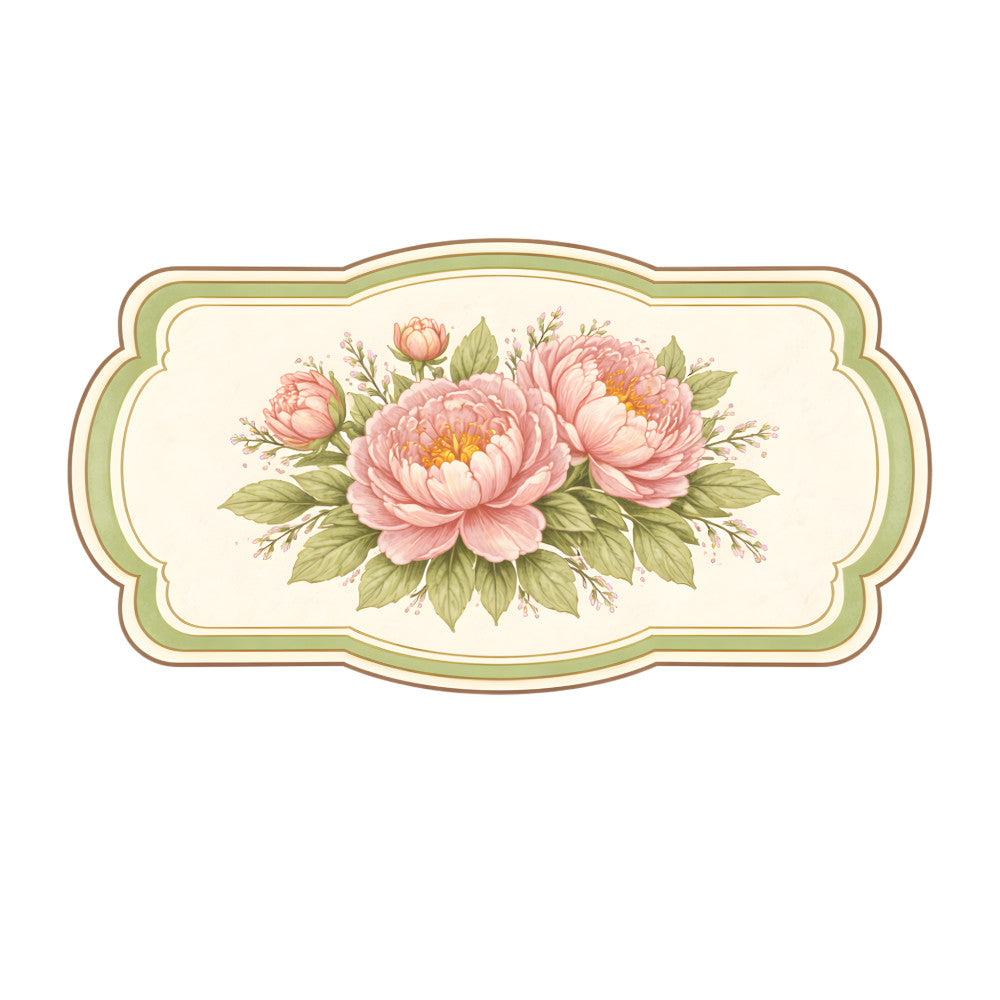 pink peonies, blush pink, sage green, cream, floral, botanical, vintage, elegant, romantic, spring, garden flowers, peonies, layered petals, greenery, leaves, nature, traditional, classic, feminine, decorative border, ornate frame, scalloped edge, cottage style, timeless, delicate, floral arrangement, pastel colors, wedding, home decor