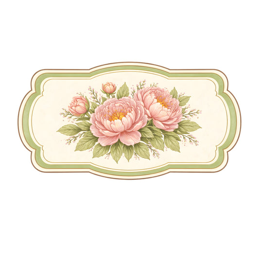 pink peonies, blush pink, sage green, cream, floral, botanical, vintage, elegant, romantic, spring, garden flowers, peonies, layered petals, greenery, leaves, nature, traditional, classic, feminine, decorative border, ornate frame, scalloped edge, cottage style, timeless, delicate, floral arrangement, pastel colors, wedding, home decor