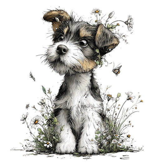 puppy, dog, shih tzu, terrier, cute animals, whimsical, watercolor, daisies, flowers, butterflies, insects, bees, nature, botanical, spring, summer, black and white, tan, cream, brown, gray, green, yellow, soft colors, children's, kids, baby, sweet, playful, illustrated