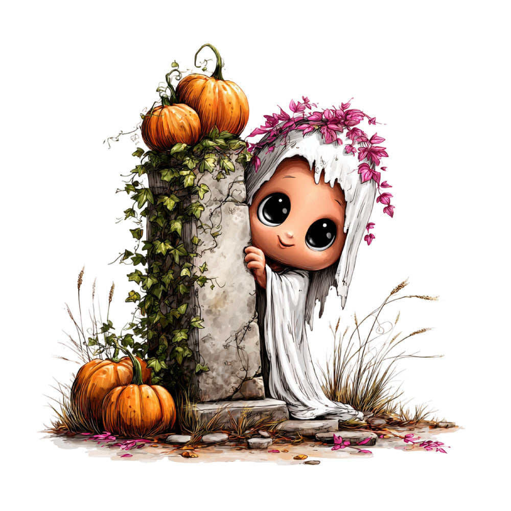 autumn, fall, pumpkin, orange, magenta, pink, white, cream, green, rustic, whimsical, cute, nature, harvest, seasonal, pumpkins, ivy, vines, flowers, floral, magical, woodland, character, child-friendly, playful, ghost, spooky, halloween, autumn leaves, decorative panel