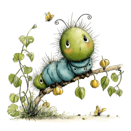 cute creature, green, teal blue, yellow-green, whimsical, children's, caterpillar, insects, butterflies, nature, garden, leaves, plants, spring, summer, playful, charming, woodland, storybook, illustrative, animal characters, kid-friendly, fantasy, nursey, botanical, spiky texture, brown branch, lantern fruit, phlomis