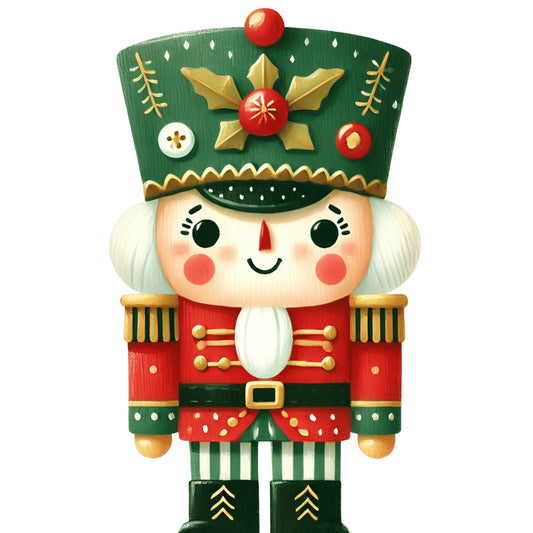nutcracker, christmas, holiday, festive, red, forest green, gold, cream, white, traditional, whimsical, soldier, decorative, vintage, ornamental, geometric, striped, seasonal, winter, cheerful, children, toy soldier, classic, formal wear, buttons, hat, festive decoration, winter holiday, retro, charming