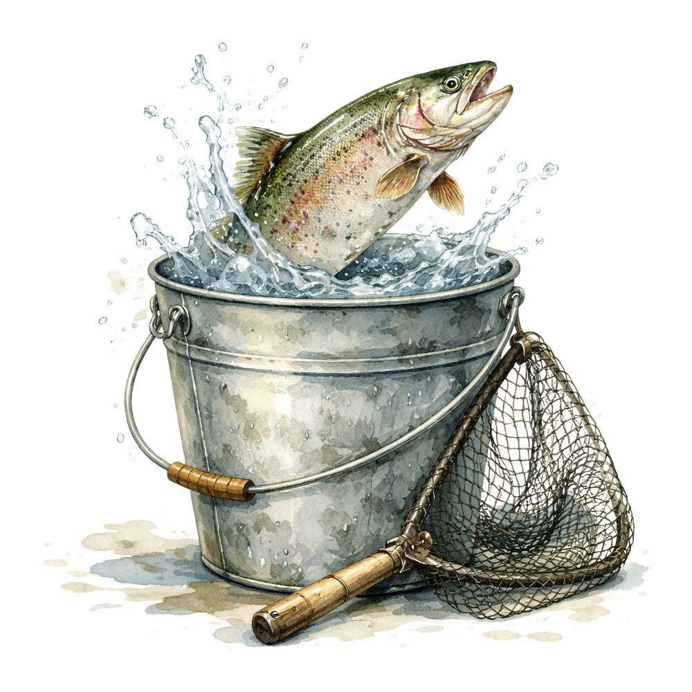 fishing, trout, fish, bucket, water splash, net, vintage fishing, rustic, nautical, outdoor, countryside, sport fishing, pond life, wildlife, nature, green, tan, cream, brown, gray, earth tones, watercolor, illustrated, detailed, traditional, heritage, americana, cottage core, farmhouse, fishing themed