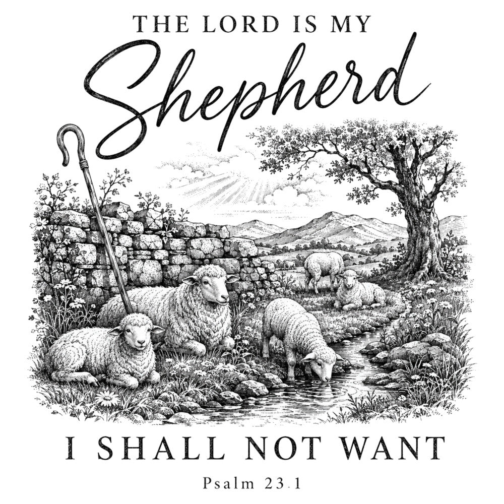 black and white, monochrome, pastoral, sheep, shepherd, religious, psalm 23, scripture, inspirational, farmhouse, rustic, countryside, landscape, traditional, vintage, engraving, etching, line drawing, animals, nature, ecclesiastical, spiritual, faith-based, peaceful, serene, calming, home decor, wall hanging, devotional