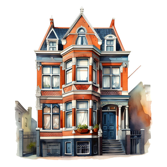 victorian architecture, orange brick, navy blue, cream white, mansard roof, townhouse, historic building, steampunk, vintage, traditional, elegant, architectural, detailed illustration, urban, street scene, nostalgic, charming, classic design, decorative windows, ornate trim, heritage, period home, illustrated buildings, americana, cottage style, artistic rendering, detailed artwork
