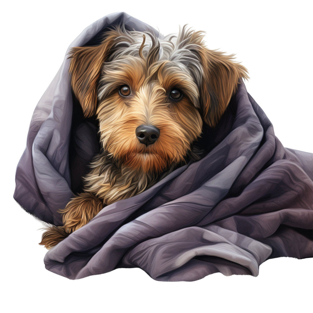 dog portrait, terrier, adorable puppy, cozy blanket, warm wrap, brown and tan, cream white, gray purple, lavender, animal lover, pet themed, cute dogs, whimsical style, gentle expression, realistic illustration, dog breed, wrapped up, snuggled, comfort theme, pet portraits, heartwarming, family friendly, children's design, nature inspired, warm colors, neutral tones, contemporary style, decorative panel, wall hanging, throw blanket