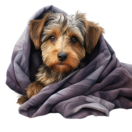 dog portrait, terrier, adorable puppy, cozy blanket, warm wrap, brown and tan, cream white, gray purple, lavender, animal lover, pet themed, cute dogs, whimsical style, gentle expression, realistic illustration, dog breed, wrapped up, snuggled, comfort theme, pet portraits, heartwarming, family friendly, children's design, nature inspired, warm colors, neutral tones, contemporary style, decorative panel, wall hanging, throw blanket