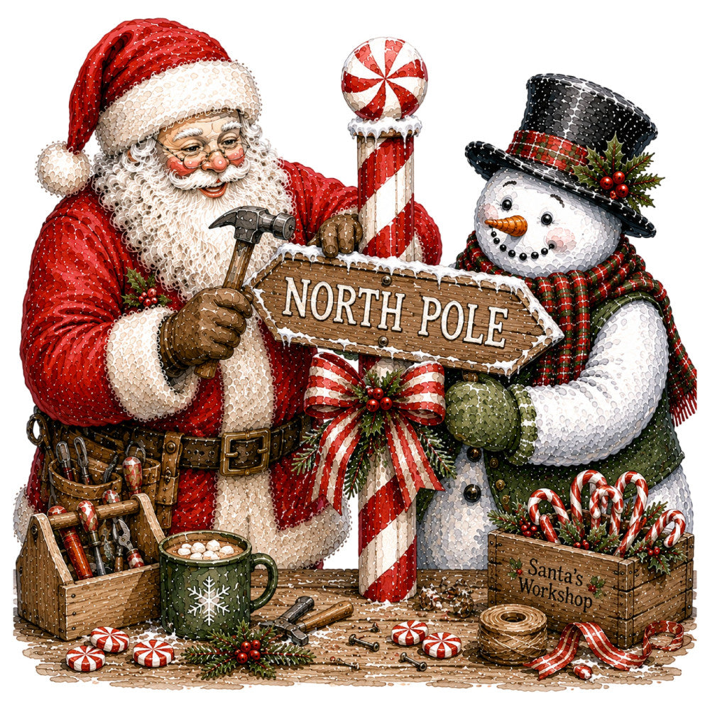 santa claus, snowman, north pole, christmas, holiday, red, cream, black, green, gold, festive, traditional, whimsical, vintage, rustic, candy canes, peppermint, winter, seasonal, santa's workshop, decorative, charming, nostalgic, children's, family-friendly, snow, jolly, classic christmas, red and white striped, plaid