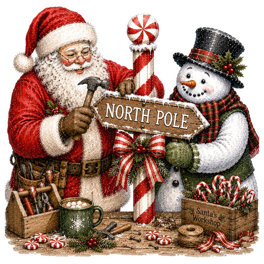 santa claus, snowman, north pole, christmas, holiday, red, cream, black, green, gold, festive, traditional, whimsical, vintage, rustic, candy canes, peppermint, winter, seasonal, santa's workshop, decorative, charming, nostalgic, children's, family-friendly, snow, jolly, classic christmas, red and white striped, plaid