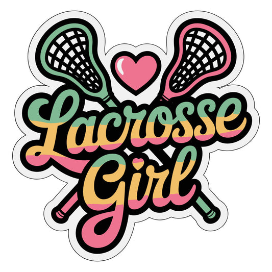 lacrosse girl, sports themed, mint green, coral pink, golden yellow, heart motif, lacrosse sticks, whimsical, modern, playful, girls sports, athletic, team spirit, colorful, vibrant, youth inspired, multi-color, gradient text, cute, fun, sporty style, active lifestyle, girl power, recreational sports, illustrated, bold typography, teens, athletic wear inspired