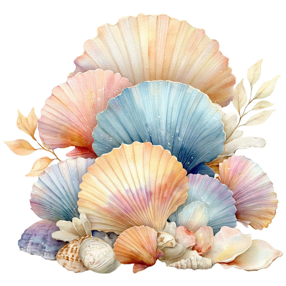 seashells, scallop shells, coastal, nautical, ocean, beach, sea, watercolor, pastel, soft colors, cream, peach, coral pink, dusty blue, sage green, lavender, blush pink, shell motifs, nature, botanical, leaves, elegant, whimsical, spring, summer, seaside, coastal decor, wall hanging, decorative panel, tropical