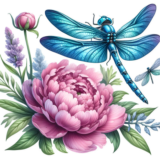 rose pink, magenta pink, dusty purple, teal blue, turquoise, navy blue, sage green, soft green, floral, botanical, dragonflies, flowers, peonies, lavender flowers, nature, insects, whimsical, elegant, spring, summer, garden, romantic, feminine, traditional, detailed illustration, layered petals, multi-colored, vibrant, decorative, artistic