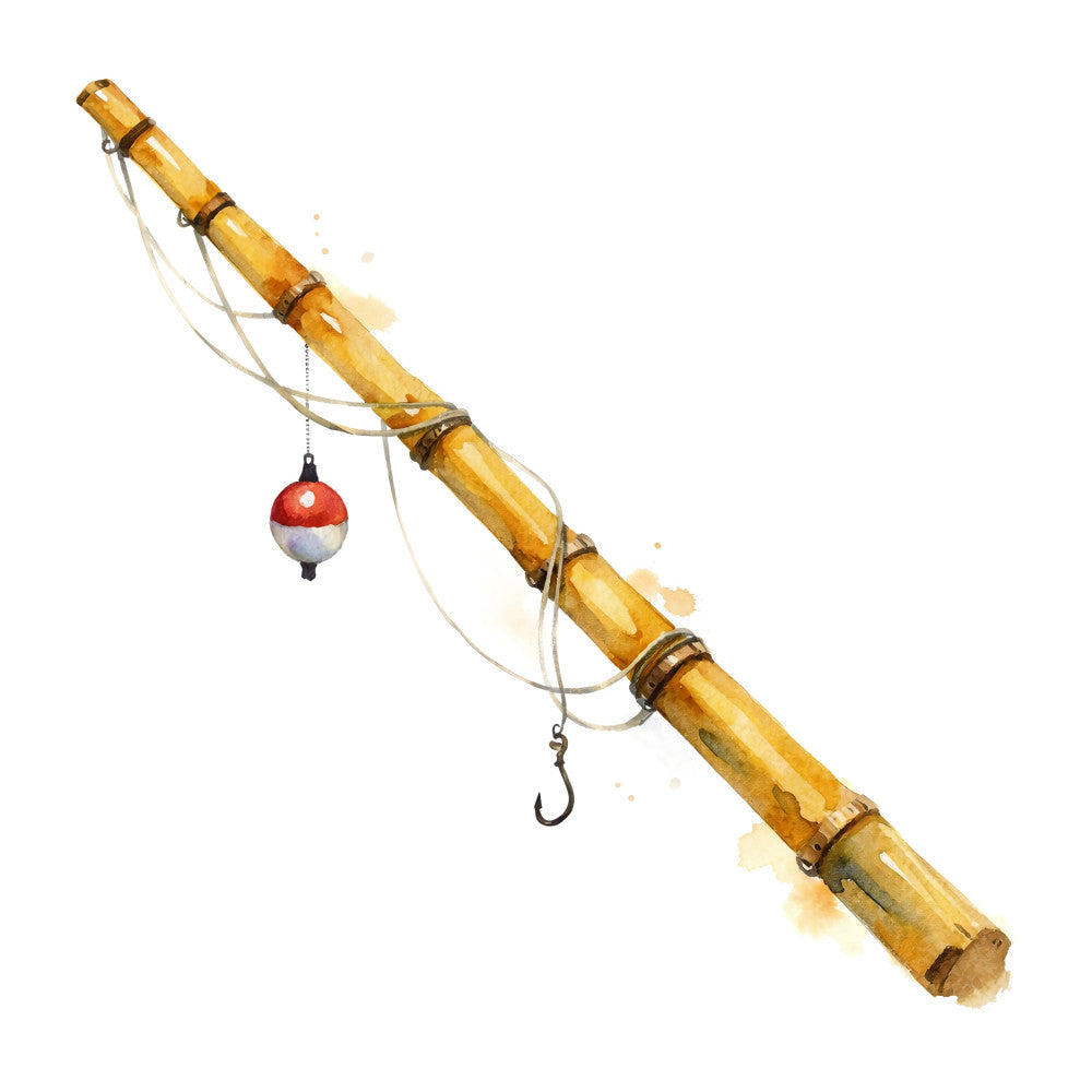 fishing pole, bamboo, red and white, fishing bobber, fishing hook, nautical, vintage fishing, rustic, nature, outdoor, watercolor, fishing themed, aquatic, brown, tan, beige, folk art, whimsical, cottage core, traditional, handcrafted, fishing rod, angling, leisure, recreational, countryside, pastoral, nostalgic