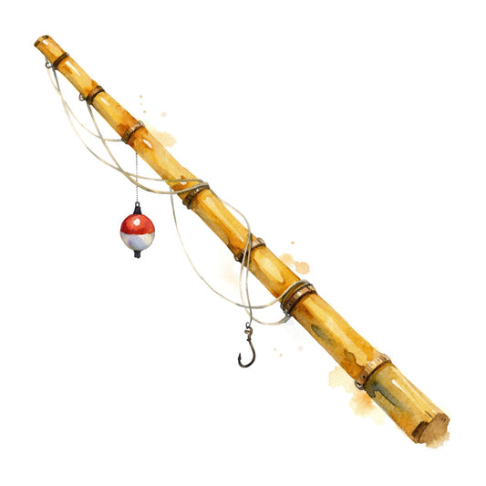 fishing pole, bamboo, red and white, fishing bobber, fishing hook, nautical, vintage fishing, rustic, nature, outdoor, watercolor, fishing themed, aquatic, brown, tan, beige, folk art, whimsical, cottage core, traditional, handcrafted, fishing rod, angling, leisure, recreational, countryside, pastoral, nostalgic