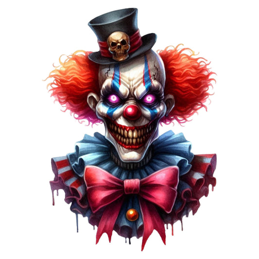 evil clown, horror clown, spooky clown, gothic clown, dark clown, creepy, skull, skeleton, top hat, red hair, purple eyes, glowing eyes, red nose, blue collar, red bow tie, dripping blood, menacing, theatrical, Halloween, dark fantasy, gothic horror, dark whimsical, metallic gold, deep red, blood red, midnight blue, pale white, eerie, supernatural, costume character
