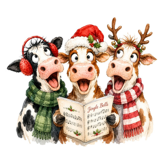 christmas, holiday, cows, cattle, animals, farm animals, festive, whimsical, red, green, white, cream, brown, tan, holiday caroling, singing, musical notes, scarves, santa hat, reindeer antlers, jingle bells, farmhouse, rustic, cheerful, playful, winter, seasonal, novelty, decorative, charming