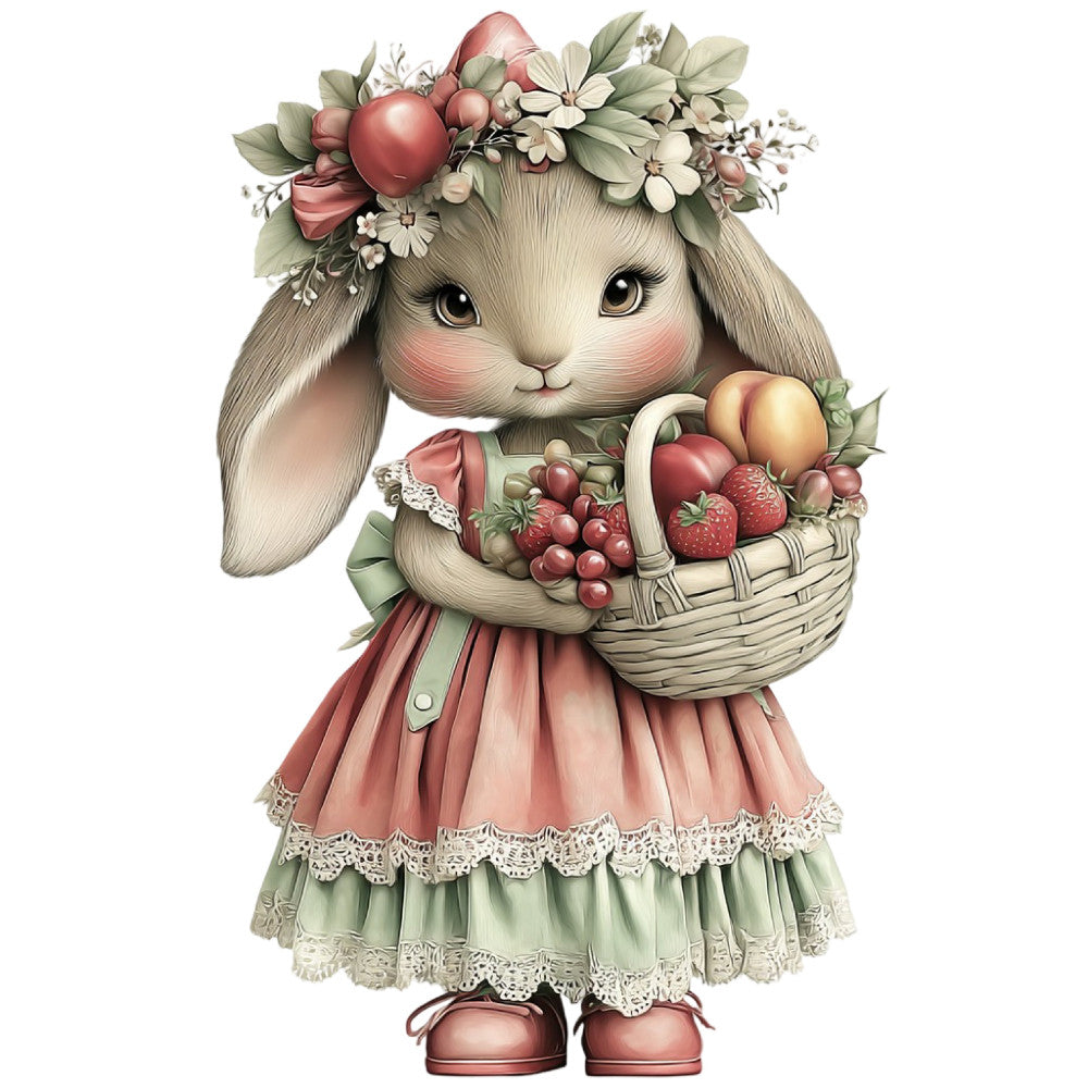 bunny, rabbit, easter, spring, floral, flowers, daisies, fruit basket, strawberries, grapes, eggs, whimsical, cute, animal, vintage, garden, pastoral, cream, soft pink, dusty rose, sage green, soft green, cottage core, nursery, children's, adorable, decorative, illustration, storybook, lace trim