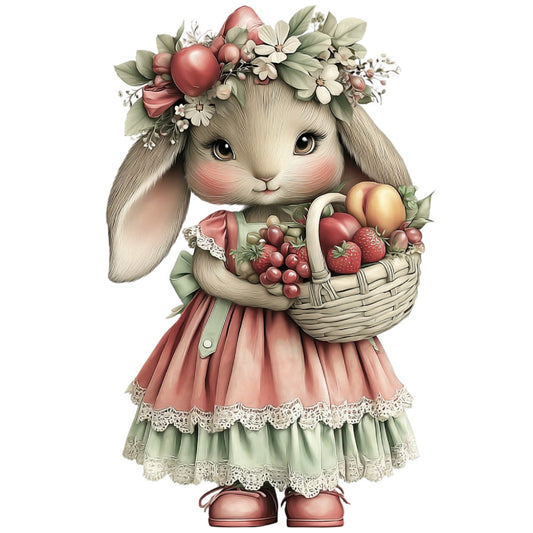 bunny, rabbit, easter, spring, floral, flowers, daisies, fruit basket, strawberries, grapes, eggs, whimsical, cute, animal, vintage, garden, pastoral, cream, soft pink, dusty rose, sage green, soft green, cottage core, nursery, children's, adorable, decorative, illustration, storybook, lace trim