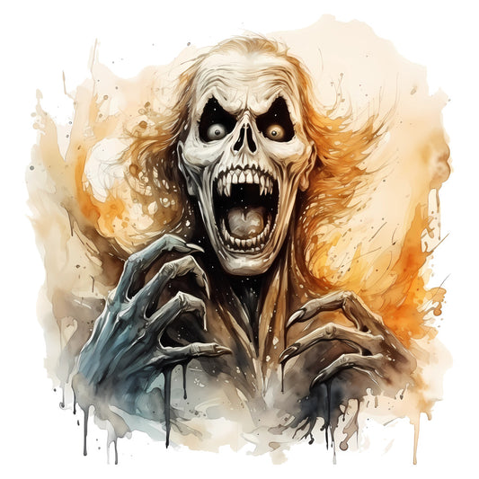 skull, skeleton, halloween, horror, dark, gothic, spooky, scary, orange watercolor, cream, tan, beige, gold, copper, autumn, fall, terror, undead, bone, ghostly, haunting, eerie, creepy, splatter, ink wash, watercolor effect, mottled, dramatic, moody, costume